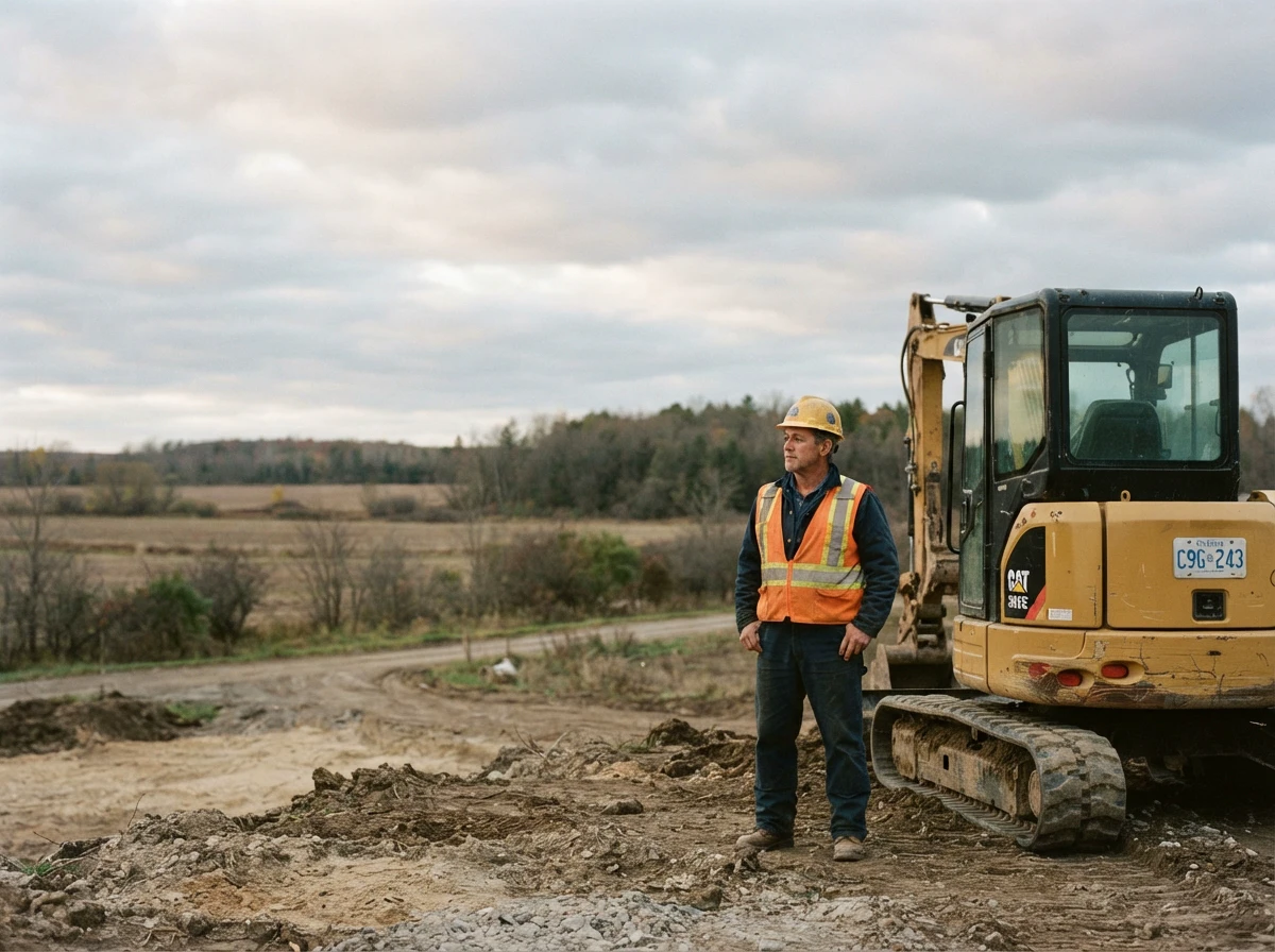 Excavation operator in hi-vis vest beside a tracked excavator on a rural Ontario jobsite.