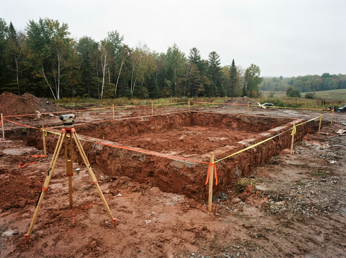 Freshly dug foundation rectangle in red Ontario clay with stake lines and a transit level.