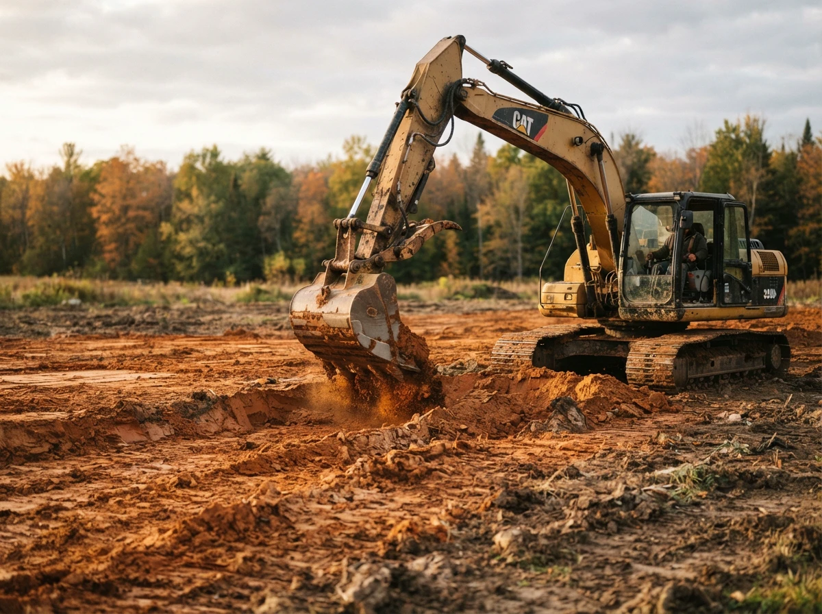 Excavator bucket working clay on a rural Ontario lot with trees behind.