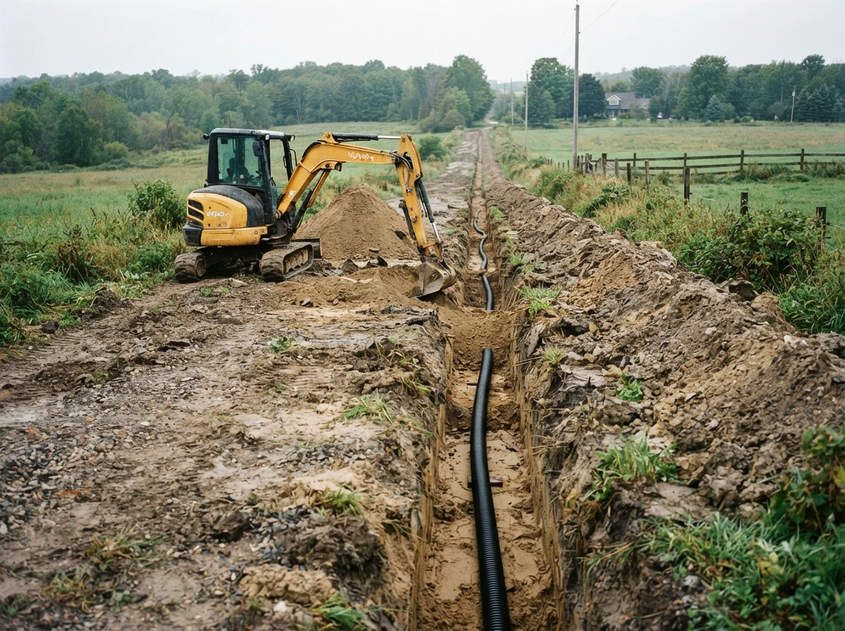 Long narrow excavated utility trench with corrugated pipe laid at the bottom beside a small tracked excavator.